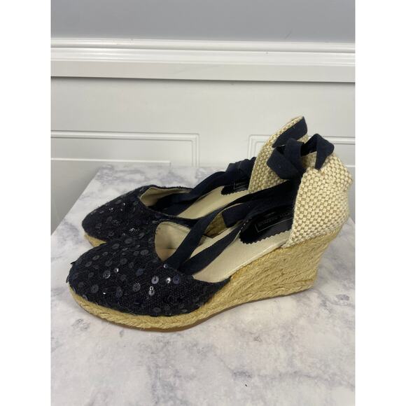 Saks Fifth Avenue, Size 8 Black and Tan Wedge Espadrilles, Lace Up EUC - Picture 4 of 8